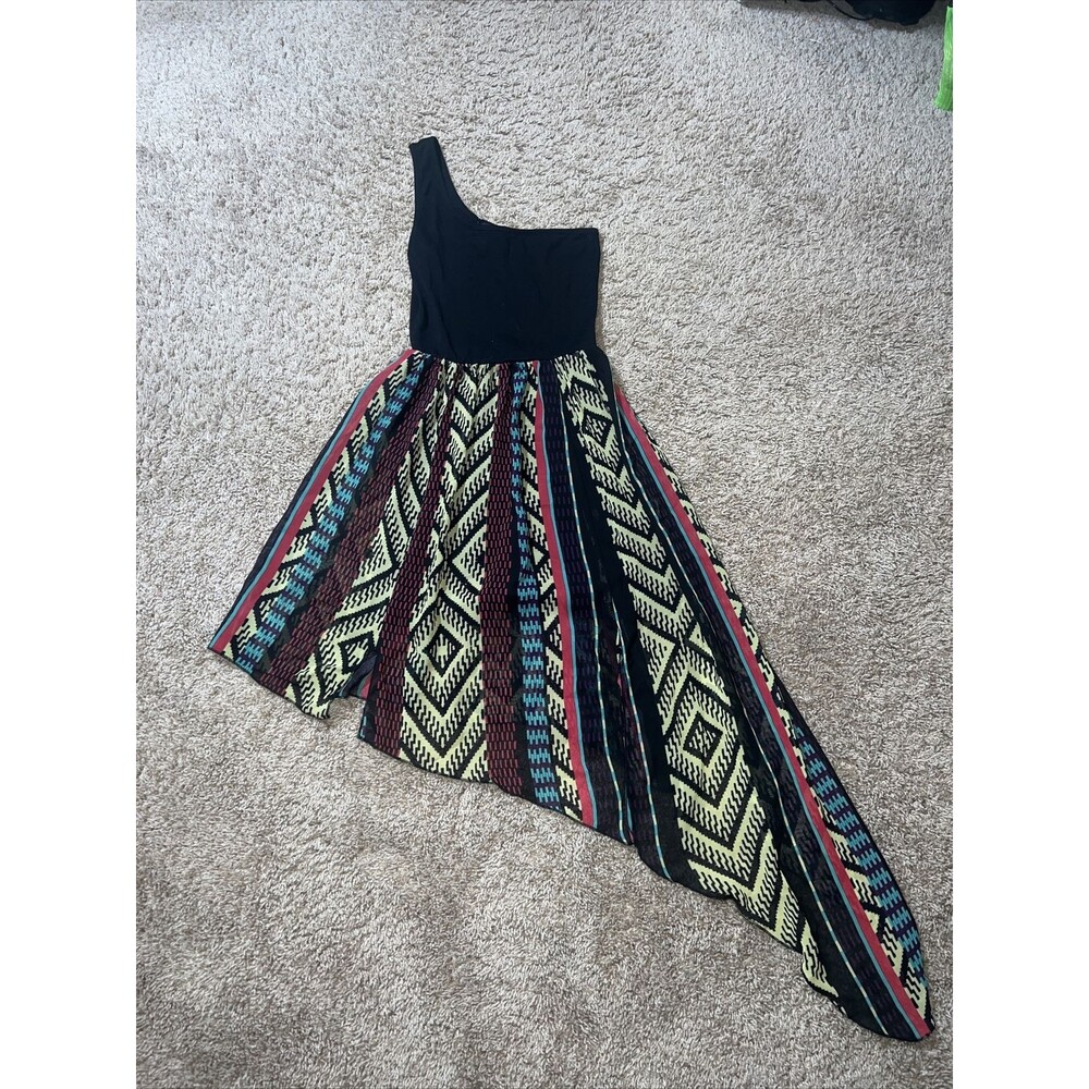 Material Girl One Shoulder Dress Asymmetrical Hem Geometric Multicolor Sz XS